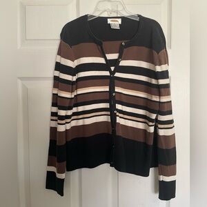 Talbots 100% Cotton Women’s size Medium Black and Brown Striped Cardigan